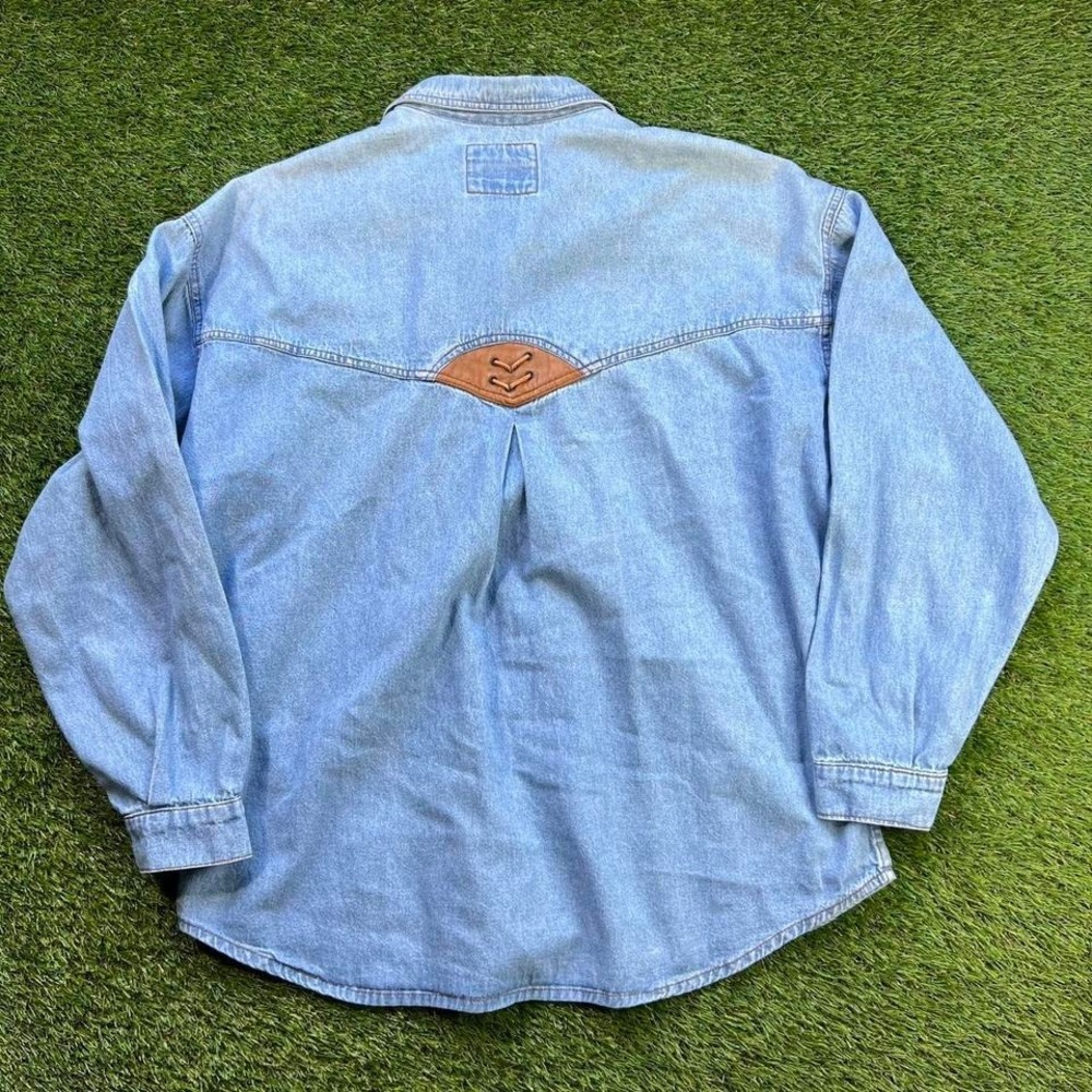 American Vintage Light Blue Denim Shirt with Tan Leather Yoke - Picture 7 of 8